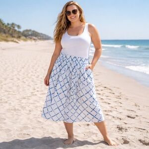 GAP Tall Blue & White Tie-Dye Midi Skirt | Pockets | Elastic Waist | Size L Tall